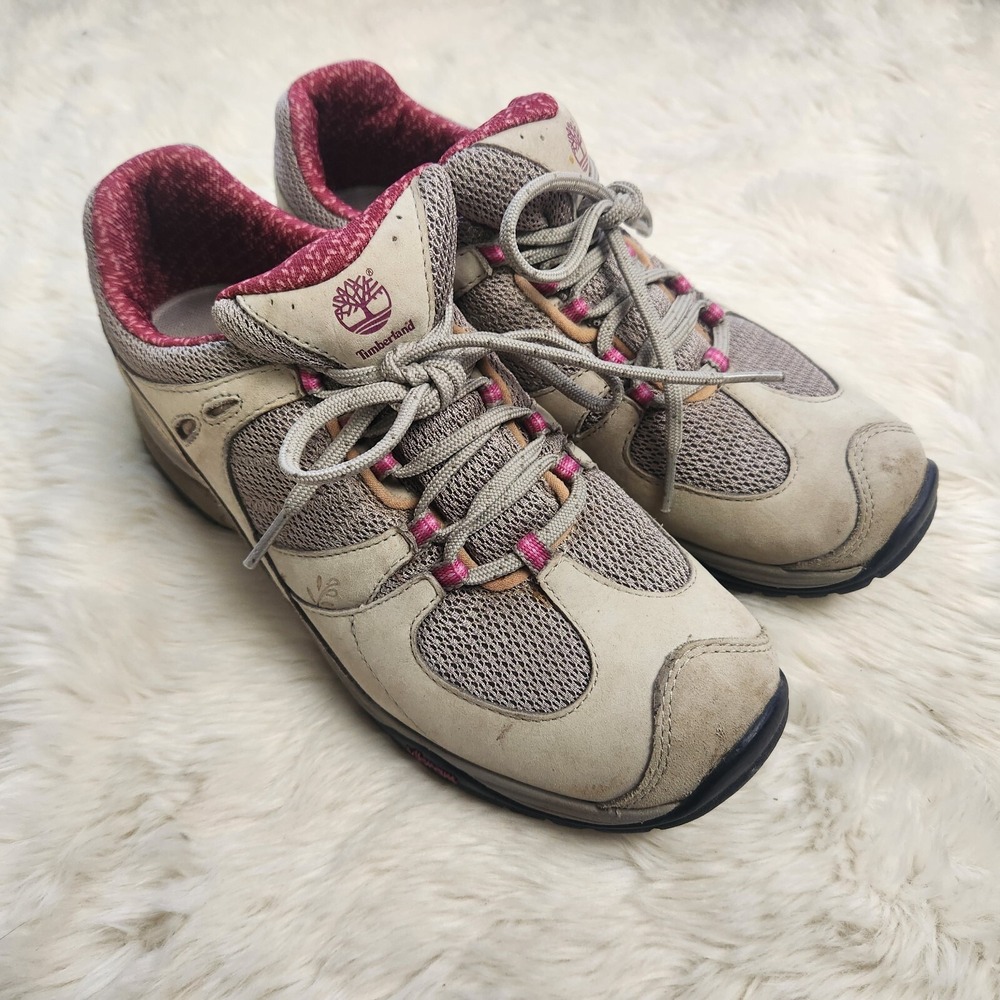 Timberland Hiking Shoes Womens 8.5 Tan Burgundy Leather Vibram Low Top 56696